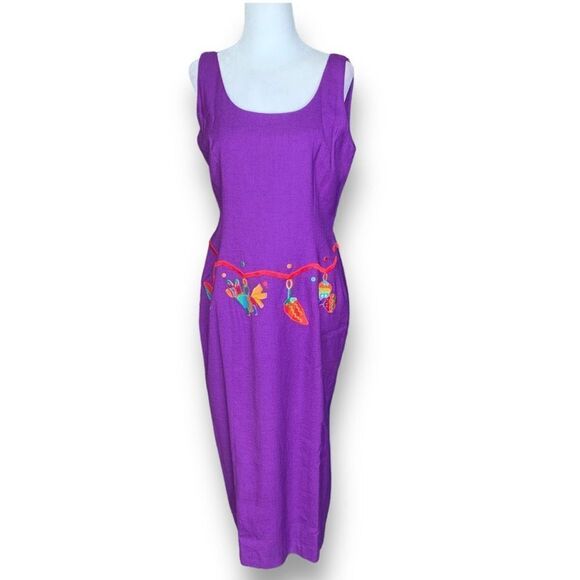 Vintage 90s Maxi Sundress Purple Mexican Fiesta Embroidered Linen Blend Size 10P - Picture 2 of 11